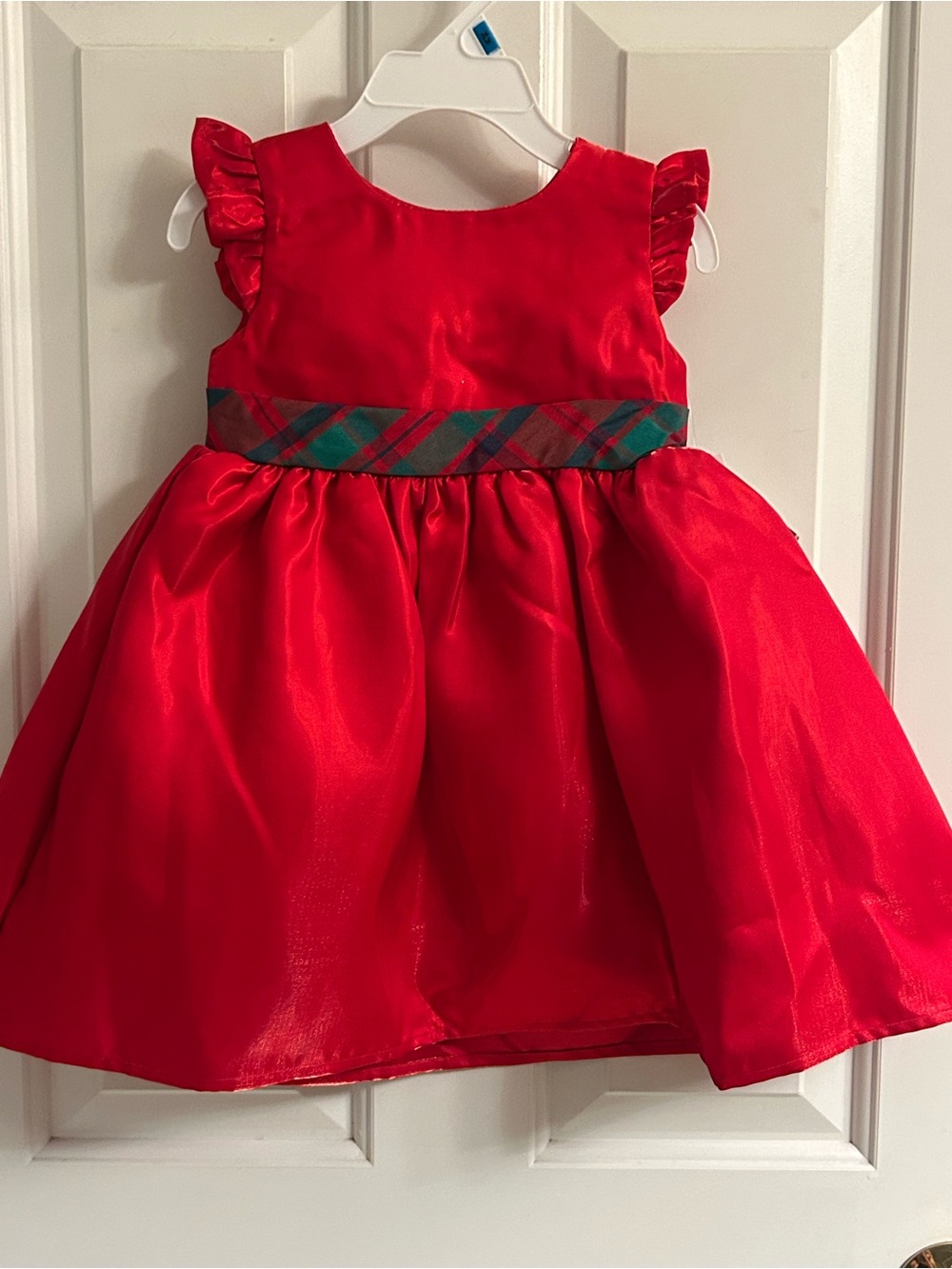 Blueberi Boulevard Red Satin Holiday Dress with Tartan Waistband